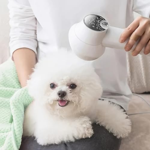 Noise-Wide Hairdryer for Pets with Slicker Brush, 2024 New Pet Hair Dryer, Low Noise Dog Hair Dryer for Small and Medium Dogs and Cats (White)