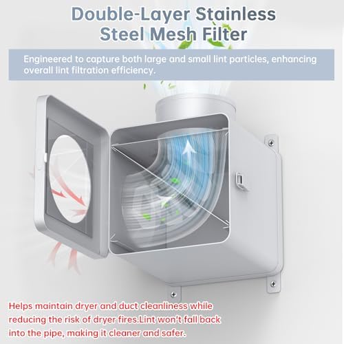 90° Dryer Lint Trap – Indoor Secondary Lint Trap for Dryer with 4" x 8FT Vent Hose, Dryer Duct Lint Trap Box & Stainless Filters, Dryer Lint Catcher for Electric & Gas Dryers(Metal)