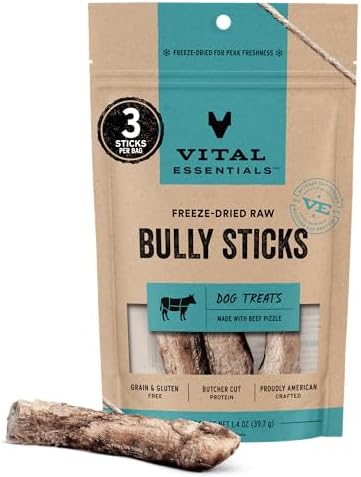 Vital Essentials Freeze Dried Bully Sticks Dog Treats, 1.4 oz Bag (3 Count)