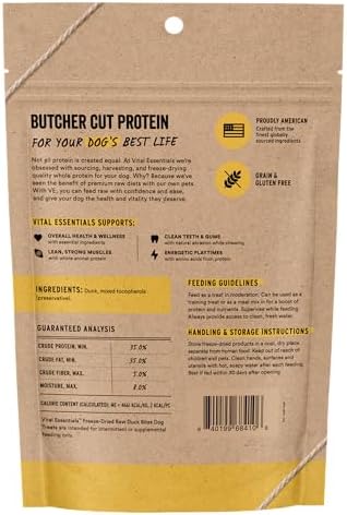 Vital Essentials Freeze Dried Dog Treats, Duck Bites, 5.5 oz Bag