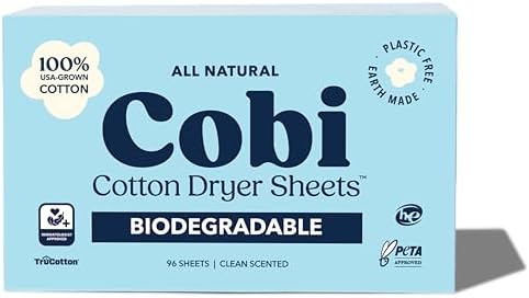 Cobi Biodegradable Non-Toxic Dryer Sheets – Naturally Scented Cotton Dryer Sheets – Eco-Friendly, Plant-Based, Plastic-Free (96, Scented)