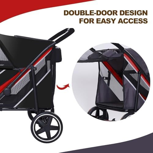 Large Dog Stroller - Black-Red, up to 88lbs, 4-Wheel All-Terrain
