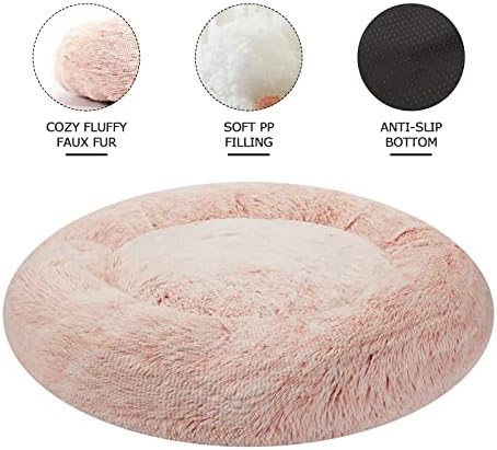 Bedfolks Calming Fluffy Donut Dog Bed for Medium Dogs,Pink, 30" Round