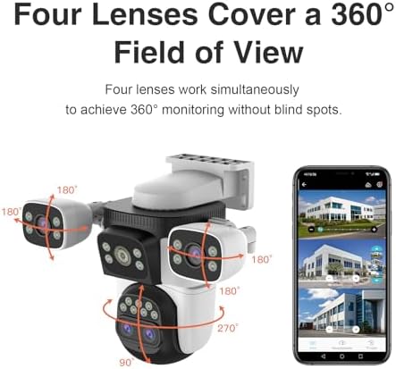 EVERSECU 10x Hybrid Zoom Quad Lens WiFi PTZ Security Camera, Triple Cameras in One, Side Cameras with Adjustable All-Angle Arm, 2K 360° View No Blind Spot, Auto Tracking, Spotlight, 2 Way Audio