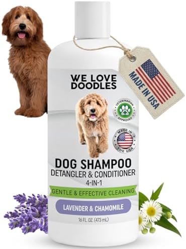 Dog Shampoo, Conditioner & Detangler, Hypoallergenic Tearless Lavender 16OZ | For Sensitive Itchy Skin, Best Shampoo For Smelly Dogs, Goldendoodle, Poodle & Doodle, Puppy Pet Wash Soap, USA Made, 4-in-1