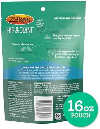 Zuke's Hip and Joint Dog Treats, Beef Recipe, 16 oz Pouch