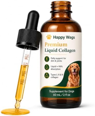 Happy Wags Premium Liquid Collagen for Dogs, Skin, Coat & Joint Wellness Support, Dog Supplement with Types I, II & III Collagen, Hyaluronic Acid & Vitamin C, 60 mL / 2 Fl Oz