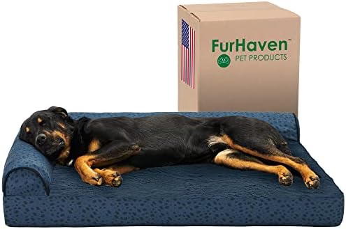 Furhaven Cooling Gel Dog Bed for Large Dogs w/ Removable Bolsters & Washable Cover, For Dogs Up to 95 lbs - Plush & Almond Print L Shaped Chaise - Blue Almonds, Jumbo/XL