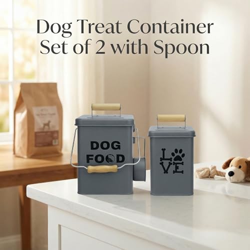 Dog Food Storage Container Set of 2 Dog Treat Container with Airtight Lids Dog, Metal, Grey