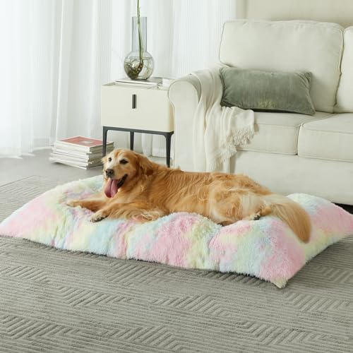 BFPETHOME Dog beds for Large Dogs, Plush Crate Bed with Fluffy Cozy Kennel pad, Washable Mats with Anti-Slip Bottom for Large Dogs, 41"x27", Rainbow