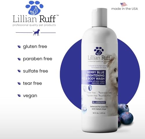 Lillian Ruff PRO Formula Berry Blue Brightening Pet Shampoo - Ultra-Hydrating Professional Whitening Dog Shampoo, Vivid Show-Quality Coat Enhancer, Tear Stain & Odor Eliminator With ProVitamin B5 16oz