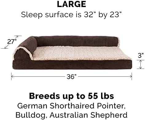 Furhaven Cooling Gel Dog Bed for Large/Medium Dogs w/ Removable Bolsters & Washable Cover, For Dogs Up to 55 lbs - Two-Tone Plush Faux Fur & Suede L Shaped Chaise - Espresso, Large