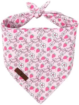 Lionet Paws Spring Strawberry Bow Dog Bandana Washable Cotton Handkerchief Scarf Triangle Pink Bandana, Large (Pack of 1), Small, Pink