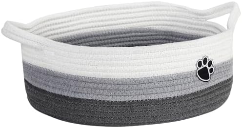 Optish Dog Toy Basket, Toy Box and Bin for Dog Cat Storage, 13.5" X 11" X 5" Small Woven Rope Basket for Baby Storage, Closet, Living Room, White & Grey