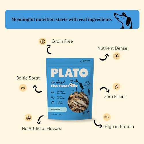 PLATO Single Ingredient Wild-Caught Baltic Sprat Dog Treats, Air-Dried Whole Fish, Omega-Rich Skin & Coat Support, 7.5 oz