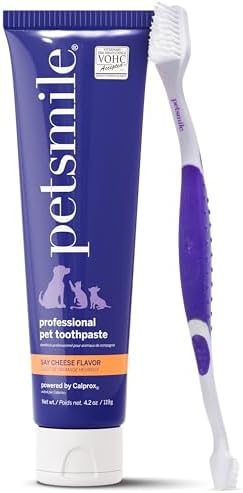Petsmile Pet Teeth Brushing Kit, Toothpaste + Brush, Say Cheese 4.2 Oz | Toothpaste + 45° Patented Toothbrush, VOHC Accepted, Calprox® Powered, 4-Month Supply, Human-Grade, Clinically Proven