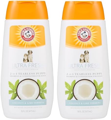 Arm & Hammer Tearless Puppy Shampoo, Coconut Lime Verbena, 16 Fl Oz, 2-Pk | 2-in-1 baking soda formula, gentle tear-free wash, suitable for puppies 8 weeks and older