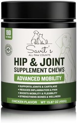 Savit's Dog Hip and Joint Supplement Chews - Dog Joint Supplement for Mobility - Canine Hip Support Pain Relief Supplements with Glucosamine, Turmeric, Chondroitin - Chicken Flavored - 180 Soft Chews