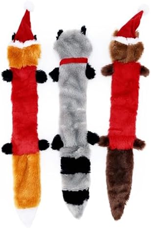 ZippyPaws Skinny Peltz for Medium and Large Dogs - Holiday 3-Pack | No Stuffing Dog Toys to Keep Them Busy, Squeaky Unstuffed Chew Toy for Pets, Soft Plush Variety Pack, Fox, Raccoon & Squirrel