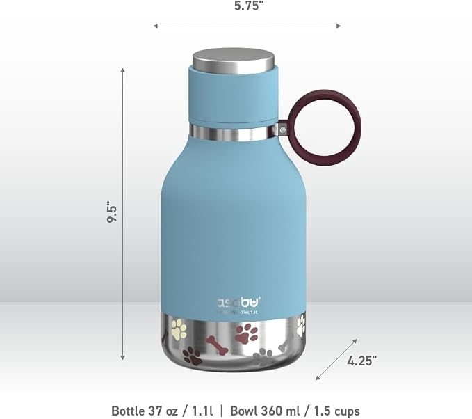 Asobu Buddy Bottle Insulated Water Bottle with Dog Bowl, Blue, 37oz