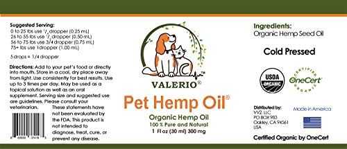 Valerio Pets Hemp Oil for Dogs and Cats - 1 Oz - Hemp Oil Drops with Omega Fatty Acids - Hip and Joint Support and Skin Health