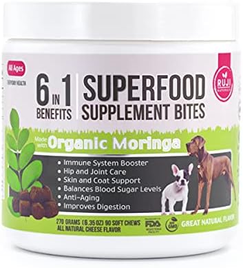 6 in 1 Superfood Dog Supplement with Organic Moringa | Treats for Immune System and Overall Health | Pets All Natural Multivitamins - 90 Chews