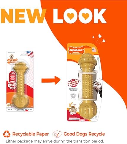 Nylabone Power Chew Textured Barbell Dog Chew Toy, Peanut Butter Flavor | Large breeds, durable dog toys for aggressive chewers, long lasting, discourages destructive chewing, for dogs up to 50 lbs