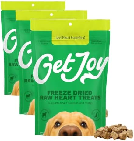 Get Joy Freeze Dried 100% Beef Heart Dog Treats, 4oz | Single Ingredient Organ Meat, High Protein Raw Dog Food Topper, Snack & Training Rewards | Grain Free, Gluten Free, Filler Free (Pack of 3)