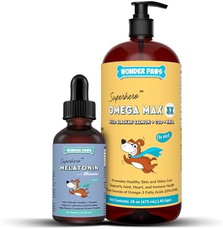 WONDER PAWS Melatonin Superhero Drops Plus Omega Max Fish Oil - for Dog’s Relaxation, Skin and Joint Care & Immune Support – Melatonin 2 Ounces - Omega Max 16 Ounces