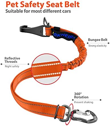 IOKHEIRA Dog Seatbelt - Orange, Adjustable Reflective Bungee, Aluminum Swivel Carabiner