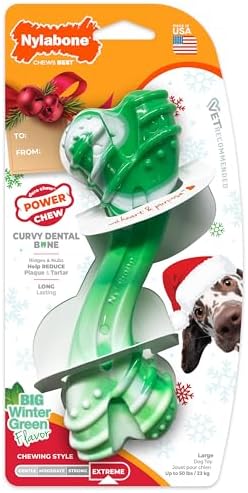 Nylabone Power Chew Holiday Curvy Dental Bone Dog Chew Toy, Large | Wintergreen flavor, durable dog toys for aggressive chewers, long lasting, dog toys for large dogs up to 50 lbs