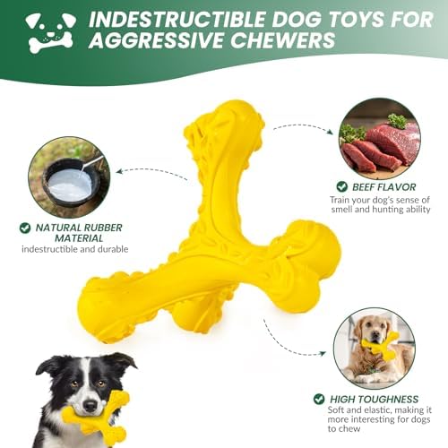 Dog Chew Toys for Aggressive Chewers Large Breed,Indestructible Bones Toy，Durable Cleaning Toothbrush Natural Rubber Dog Toys… (Yellow)