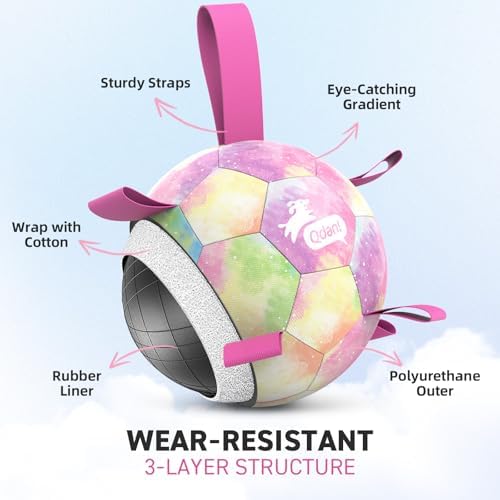 QDAN Dog Balls, Dog Soccer Ball with Straps,Puppy Girl Dog Toys, 6 Inch | Pink Puppy Toy Balls for Small Medium Dogs, Outdoor Dog Water Pool Toys, Dog Soccer Ball Toy, Pet Birthday Gifts, Rainbow