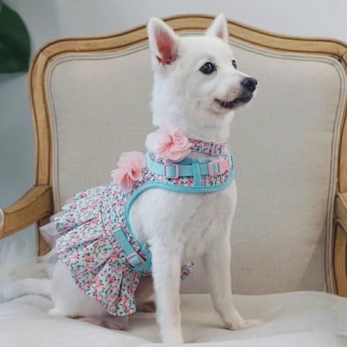 Blueberry Pet Made Well Cute Floral Print Adjustable Dog Collar in Light Blue with Pink Artificial Silk Flower, Large, Neck 18"-26"