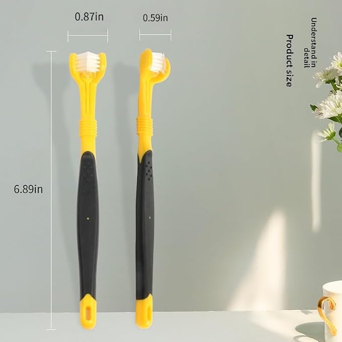 3-Sided Pet Toothbrush for Dogs and Cats Soft Bristle Multi-Angle Teeth Cleaning Brush with Non-Slip Rubber Handle for Bad Breath and Gum Care