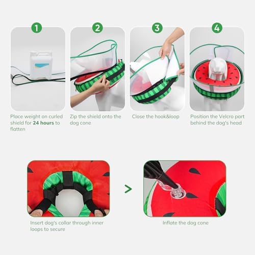 Supet Raised Inflatable Dog Cone After Surgery - Adjustable Recovery Donut Collar with Removable Shield to Stop Licking Wounds & Protect Stitches - Soft Dog Cone Alternative for Dogs (Watermelon,S)