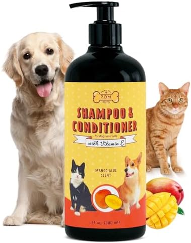 POM Pets 2-in-1 Organic Dog Shampoo & Conditioner – Itchy Skin Relief, Dog Deshedding, Detangles Fur, Cat Shampoo, Paw Cleaner for Dogs, Natural Coat Defense Formula