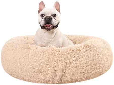 Amazon Basics Washable Donut Pet Bolster Faux Fur Bed with Removable Cover, Anti-Slip Bottom for Dog, Beige, 36" x 36"