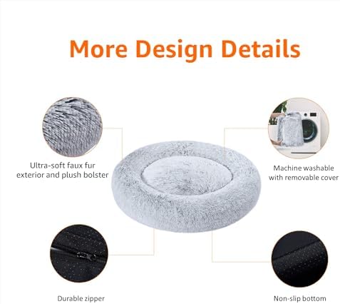 Amazon Basics Washable Donut Pet Bolster Faux Fur Bed with Removable Cover, Anti-Slip Bottom for Dog, Grey, 36" x 36"