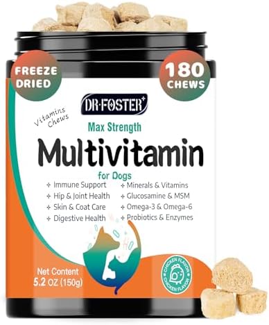 DRFOSTER Dog Multivitamin Supplements, Chicken Flavor, 180 Bites | Dog Vitamins and Supplements with Glucosamine, Probiotics & Omega-3 for Joint, Digestive, Skin, Coat & Immune Health