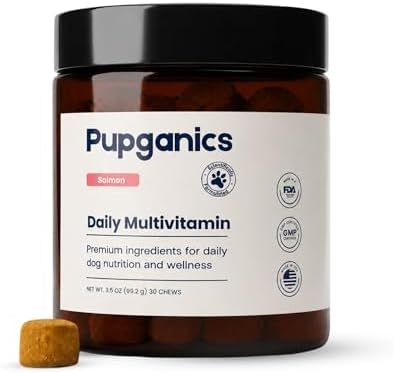 Multivitamin Daily Soft Chew Dog Supplement with Glucosamine, Probiotics, and Omega-3, Beef, Salmon, Chicken, and Peanut Butter Flavors, 30 Chews (Salmon)