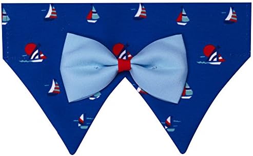 Blueberry Pet Nautical Navy Blue Sailboat Adjustable Dog Bandana Collar with Bow Tie, Medium, Neck 14.5"-20"