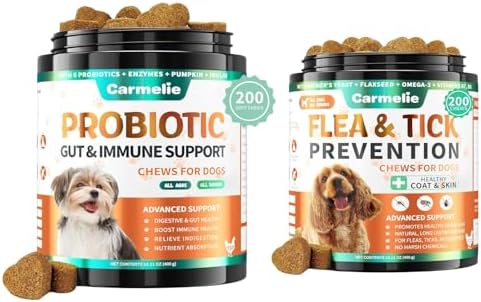 Probiotic & Flea Chews for Dogs - 200 Each - Natural Flea & Tick Prevention with Skin Support + Digestive, Gas & Immune Relief with Pumpkin & Enzymes - Chicken Flavor