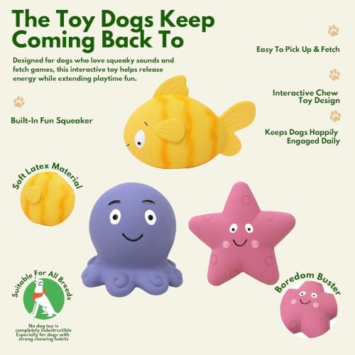 Squeaky Sea Creature Latex Dog Toys, 3 in 1 Set Soft Fish Octopus Starfish Chew Toys for Small Medium Dogs, Cute Puppy Toys Gift, Interactive Pet Toys for Enrichment Teething Relief & Boredom Buster