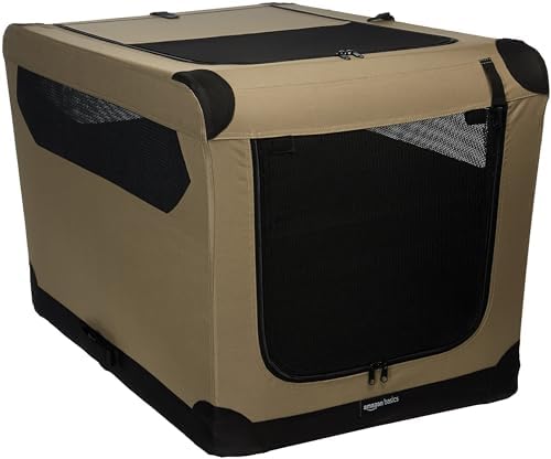 Amazon Basics Portable Folding Soft Dog Crate, Double Door, Large 36x24x24in, Tan