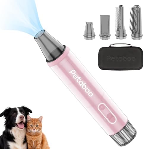 petaboo Static Elimination Negative Ion Dog Hair Dryer, Stepless Adjustable Wind High Airflow Pet Grooming Blower, Compact Lightweight Equipped with 4 Nozzles for Large Dogs Household