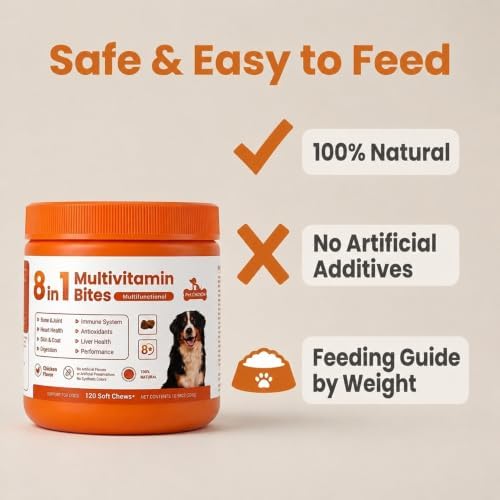 8-in-1 Multivitamin Bites for Dogs - Glucosamine, Chondroitin, Omega-3, Probiotics for Joint, Skin, Gut & Immune Support, Chicken Flavor, 120 Soft Chews