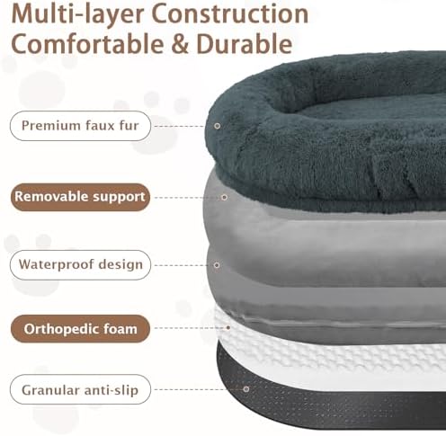 ROOMTEC Human Dog Bed, 78''x51''x12'' Size Fits Adult and Pet Washable Giant People Bed 10 CM Thick Memory Foam Large Oversize Pet Bed with Plump Pillow, Blanket, Strap - Darkgrey