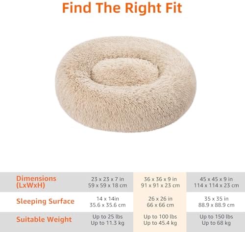 Amazon Basics Washable Donut Pet Bolster Faux Fur Bed with Removable Cover, Anti-Slip Bottom for Dog, Beige, 36" x 36"