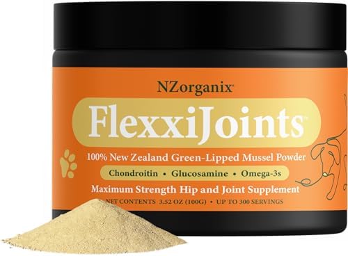 NZorganix FlexxiJoints 100% New Zealand Green-Lipped Mussel Powder, Hip & Joint Support Formula for Dogs & Cats, with Glucosamine, Chondroitin 100g (300 Servings)